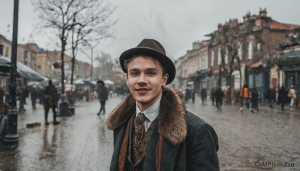 solo,looking at viewer,smile,open mouth,shirt,black hair,1boy,hat,brown eyes,jacket,white shirt,upper body,male focus,outdoors,necktie,solo focus,day,collared shirt,blurry,black eyes,vest,tree,coat,black jacket,fur trim,black headwear,blurry background,facial hair,ground vehicle,building,motor vehicle,snow,reflection,meme,black coat,realistic,brown headwear,car,winter,bare tree,brown vest,photo background,grey sky,brown necktie,short hair,teeth,scarf,lips,depth of field,umbrella,road,lamppost,street,crowd,people