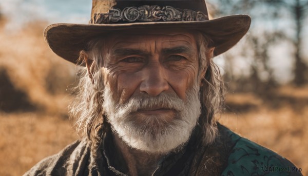 solo,looking at viewer,shirt,1boy,hat,closed mouth,upper body,white hair,male focus,outdoors,day,medium hair,blurry,depth of field,blurry background,facial hair,portrait,beard,realistic,mustache,brown headwear,manly,old,old man,cowboy hat,black headwear,scar,close-up