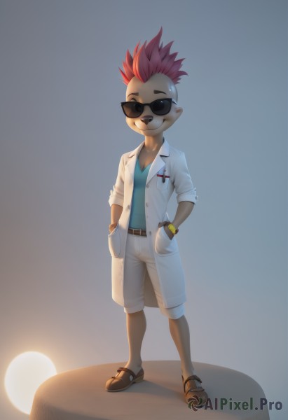 1girl,solo,looking at viewer,smile,short hair,simple background,shirt,1boy,jewelry,standing,full body,pink hair,male focus,red hair,multicolored hair,shoes,shorts,teeth,belt,dark skin,grin,sandals,sunglasses,spiked hair,watch,hands in pockets,labcoat,wristwatch,sleeves pushed up,mohawk,bracelet,no humans,rock,buck teeth