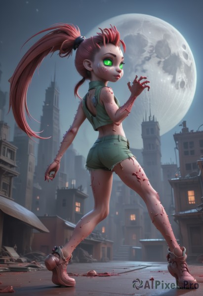 1girl,solo,long hair,looking at viewer,shirt,very long hair,green eyes,standing,full body,ponytail,ass,red hair,boots,outdoors,sky,shoes,shorts,sleeveless,tongue,midriff,looking back,tongue out,from behind,vest,lips,crop top,short shorts,blood,night,glowing,moon,scrunchie,denim,building,night sky,glowing eyes,full moon,denim shorts,blood on face,city,kneepits,blood on clothes,cutoffs,green shorts,zombie,blood splatter,blood on hands,pink hair,torn clothes,tattoo,tank top,sneakers