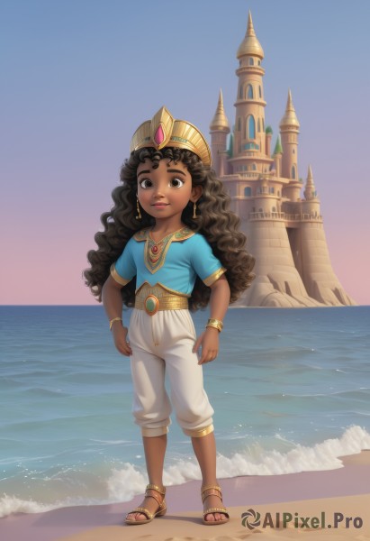 1girl,solo,long hair,looking at viewer,brown hair,shirt,black hair,brown eyes,jewelry,very long hair,standing,full body,short sleeves,earrings,outdoors,sky,day,pants,dark skin,water,necklace,flat chest,bracelet,dark-skinned female,blue sky,lips,toes,ocean,wavy hair,beach,sandals,crown,blue shirt,gem,child,curly hair,white pants,sand,anklet,horizon,female child,bangle,castle,hand on hip,aged down