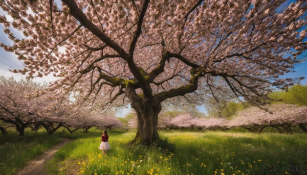 1girl, solo, long hair, skirt, brown hair, dress, flower, outdoors, sky, day, bag, from behind, tree, blue sky, grass, scenery, road, field, path