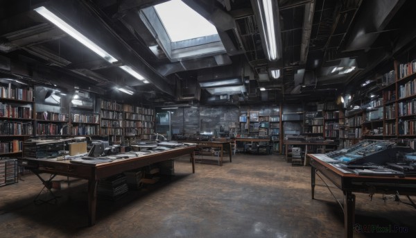 indoors,book,no humans,window,chair,table,sunlight,scenery,desk,light rays,wooden floor,bookshelf,lamp,computer,monitor,shelf,library,ceiling,ladder,ceiling light,bar (place)