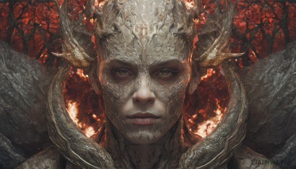 1girl,solo,looking at viewer,1boy,brown eyes,closed mouth,yellow eyes,male focus,outdoors,horns,teeth,armor,tree,lips,helmet,fire,portrait,nature,forest,straight-on,shoulder armor,close-up,realistic,scales