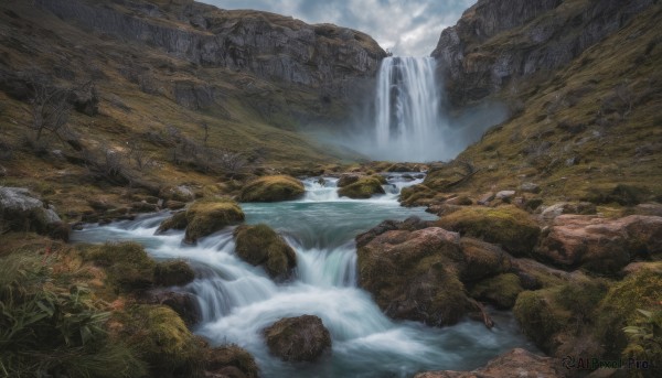 outdoors, sky, day, cloud, water, tree, no humans, nature, scenery, rock, mountain, river, waterfall, landscape, cliff