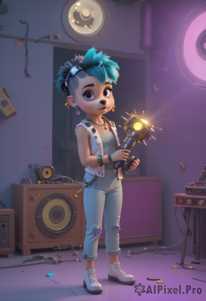 1girl,solo,looking at viewer,smile,short hair,1boy,holding,animal ears,jewelry,blue hair,standing,full body,male focus,multicolored hair,earrings,green hair,shoes,sleeveless,pants,necklace,black eyes,vest,bracelet,two-tone hair,torn clothes,piercing,white footwear,denim,sneakers,instrument,ear piercing,child,furry,goggles on head,jeans,very short hair,torn pants,speaker,mohawk,torn jeans,shirt,navel,purple eyes,robot,goggles,asymmetrical hair,cable,undercut,dirty,broken,open vest