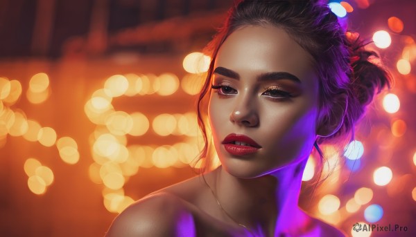 1girl,solo,looking at viewer,short hair,brown hair,black hair,bare shoulders,brown eyes,jewelry,collarbone,parted lips,dark skin,necklace,blurry,black eyes,dark-skinned female,lips,eyelashes,makeup,depth of field,blurry background,lipstick,portrait,forehead,freckles,realistic,nose,red lips,bokeh,very dark skin,teeth,looking away,eyeshadow