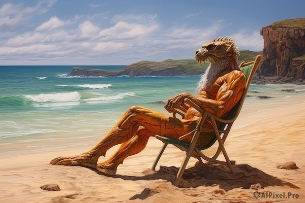 solo,1boy,sitting,male focus,outdoors,horns,sky,teeth,day,cloud,water,from side,blue sky,no humans,muscular,ocean,chair,beach,sharp teeth,science fiction,monster,rock,sand,alien,crossed legs,claws,realistic