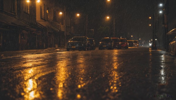 outdoors,sky,water,blurry,dutch angle,no humans,night,depth of field,umbrella,ground vehicle,building,night sky,scenery,motor vehicle,reflection,rain,city,car,light,road,dark,lamppost,street,city lights,lights,window,water drop,puddle,vanishing point