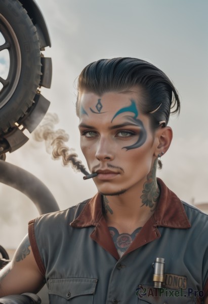 1girl,solo,looking at viewer,short hair,shirt,black hair,1boy,brown eyes,jewelry,closed mouth,jacket,upper body,male focus,earrings,collared shirt,blurry,lips,grey eyes,tattoo,blurry background,facial hair,facial mark,piercing,ground vehicle,ear piercing,motor vehicle,smoke,pocket,cigarette,smoking,stud earrings,breast pocket,arm tattoo,facial tattoo,gears,neck tattoo,nose piercing,green eyes,multicolored hair,outdoors,sleeveless,artist name,two-tone hair,makeup,mouth hold,forehead,realistic,nose,mustache,very short hair