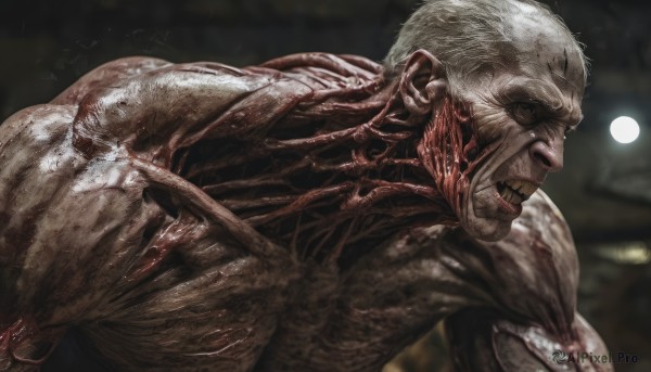 solo,open mouth,1boy,upper body,white hair,male focus,teeth,blurry,blood,muscular,night,blurry background,facial hair,moon,full moon,veins,monster,realistic,old,old man,horror (theme),short hair,from side,profile,clenched teeth,blood on face