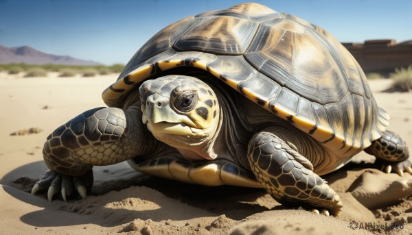 HQ,solo,full body,outdoors,sky,day,blurry,black eyes,blue sky,pokemon (creature),no humans,shadow,animal,claws,realistic,sand,scales,shell,desert,turtle,lying,signature,blurry background,on stomach,rock,snake,deviantart username