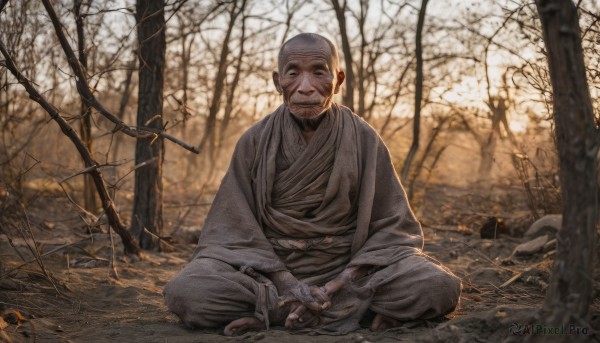 solo,looking at viewer,smile,1boy,sitting,weapon,male focus,outdoors,japanese clothes,barefoot,sword,kimono,blurry,black eyes,tree,facial hair,scar,bandages,nature,beard,scar on face,forest,stubble,indian style,old,dirty,old man,bare tree,grey kimono,holding,teeth,grin,sandals,fire,smoke,bandaged arm,bald,bandaged hand