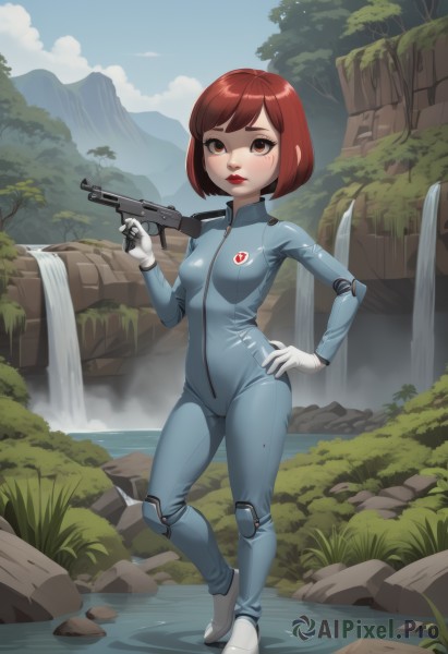 1girl,solo,breasts,looking at viewer,smile,short hair,bangs,brown hair,gloves,holding,brown eyes,standing,full body,weapon,red hair,small breasts,outdoors,parted lips,sky,day,cloud,white gloves,water,holding weapon,tree,blue sky,lips,hand on hip,gun,bodysuit,makeup,bob cut,grass,lipstick,holding gun,nature,rifle,forest,red lips,assault rifle,knee pads,trigger discipline,submachine gun,river,waterfall,blue bodysuit,blush,skin tight,handgun,mountain