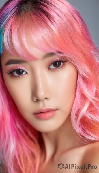 1girl,solo,long hair,looking at viewer,bangs,simple background,brown eyes,closed mouth,collarbone,pink hair,multicolored hair,grey background,lips,eyelashes,makeup,lipstick,portrait,close-up,eyeshadow,realistic,nose,eyeliner,blurry