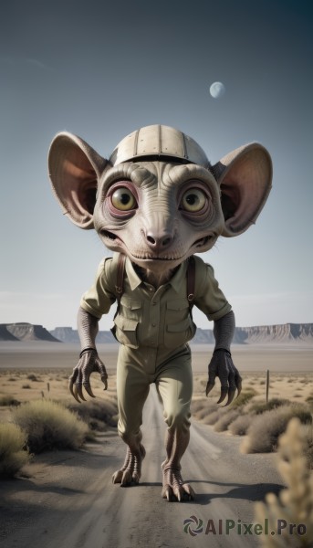 solo,looking at viewer,shirt,animal ears,standing,full body,male focus,outdoors,sky,day,pants,blurry,tree,blue sky,no humans,animal,moon,claws,furry,1other,pocket,green shirt,jumpsuit,whiskers,horror (theme),1boy,hat,green eyes,short sleeves,teeth,black eyes,vest,night,grass,sharp teeth,baseball cap,full moon,monster,mountain,furry male,brown shirt,mouse,desert