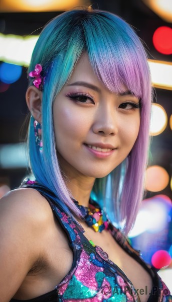 1girl,solo,long hair,breasts,looking at viewer,smile,bangs,hair ornament,cleavage,jewelry,medium breasts,blue hair,upper body,pink hair,purple hair,multicolored hair,earrings,teeth,necklace,bra,grin,blurry,black eyes,two-tone hair,lips,eyelashes,aqua hair,gradient hair,makeup,blurry background,lipstick,eyeshadow,realistic,nose,eyeliner,mascara,bare shoulders,bikini,parted lips,sleeveless,vest