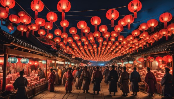 short hair,multiple girls,black hair,standing,outdoors,food,japanese clothes,multiple boys,sky,kimono,from behind,night,6+girls,building,night sky,scenery,walking,6+boys,lantern,architecture,fireworks,east asian architecture,paper lantern,crowd,festival,people,summer festival,food stand,road,dark,multiple others,6+others