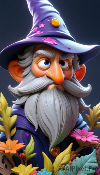 solo,blue eyes,simple background,1boy,hat,closed mouth,upper body,flower,white hair,grey hair,male focus,gradient,gradient background,witch hat,facial hair,blue background,thick eyebrows,plant,portrait,beard,pink flower,yellow flower,mustache,purple flower,purple headwear,old,wizard hat,orange flower,wizard,long hair,looking at viewer,artist name,web address