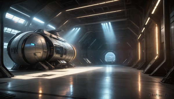 HQ,indoors,water,no humans,window,robot,scenery,mecha,reflection,science fiction,realistic,light,space,spacecraft,lights,cockpit,signature,star (sky),machinery,planet,thrusters