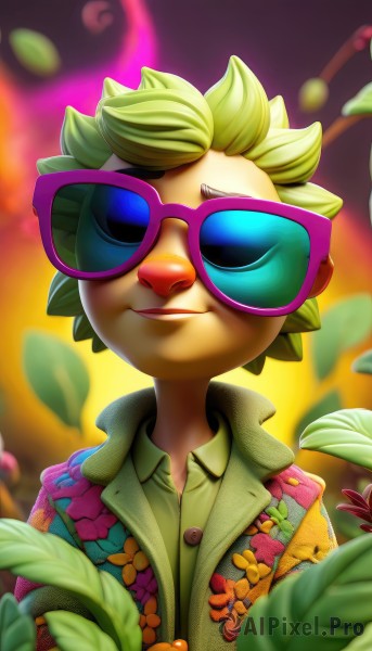 solo,smile,short hair,blonde hair,shirt,1boy,closed eyes,upper body,flower,male focus,green hair,teeth,collared shirt,artist name,blurry,depth of field,blurry background,leaf,floral print,sunglasses,spiked hair,facing viewer,furry,green shirt,tinted eyewear,hawaiian shirt,purple-tinted eyewear,looking at viewer,parted lips,signature,watermark,plant,web address,yellow shirt,smirk