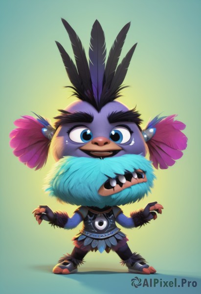 solo,looking at viewer,open mouth,blue eyes,simple background,black hair,hair ornament,gloves,1boy,standing,full body,male focus,teeth,fang,artist name,fingerless gloves,chibi,gradient,gradient background,no humans,fangs,feathers,claws,furry,green background,feather hair ornament,blue feathers,smile,cosplay,colored skin,bird,blue skin,fusion,tusks,tribal