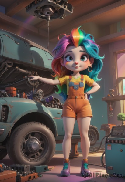 1girl,solo,long hair,looking at viewer,smile,blue eyes,shirt,jewelry,blue hair,standing,full body,pink hair,purple hair,short sleeves,multicolored hair,earrings,green hair,shoes,socks,artist name,indoors,bracelet,two-tone hair,streaked hair,hand on hip,window,makeup,watermark,plant,robot,pointing,ground vehicle,sneakers,child,motor vehicle,personification,yellow shirt,hoop earrings,car,potted plant,overalls,pigeon-toed,paintbrush,purple footwear,wrench,speaker,ladder,rainbow hair,blonde hair,holding,closed mouth,green eyes,red hair,tongue,tongue out,aqua eyes,aqua hair,colored skin,aged down,t-shirt,messy hair,cross-laced footwear,pocket,blue footwear,female child,lip biting,overall shorts