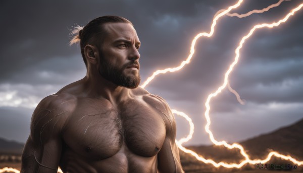 solo,short hair,black hair,1boy,nipples,upper body,male focus,nude,outdoors,sky,cloud,dark skin,blurry,looking to the side,muscular,blurry background,facial hair,scar,piercing,abs,dark-skinned male,thick eyebrows,cloudy sky,pectorals,muscular male,bara,beard,large pectorals,veins,mature male,realistic,nipple piercing,chest hair,lightning,arm hair,nipple rings,hairy,closed mouth,scar on face,electricity