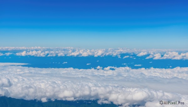 monochrome,outdoors,sky,day,cloud,blue sky,no humans,bird,cloudy sky,scenery,blue theme,horizon,landscape,above clouds,ocean,nature