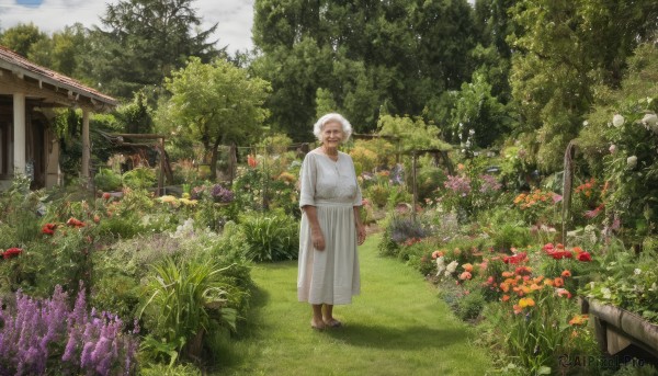 1girl,solo,looking at viewer,short hair,long sleeves,1boy,standing,flower,white hair,male focus,outdoors,sky,day,cloud,tree,facial hair,brown footwear,cloudy sky,grass,plant,red flower,building,nature,scenery,fence,house,old,old man,orange flower,old woman,garden,hat,dress,jewelry,dark skin,white dress,white headwear,realistic,purple flower,wide shot