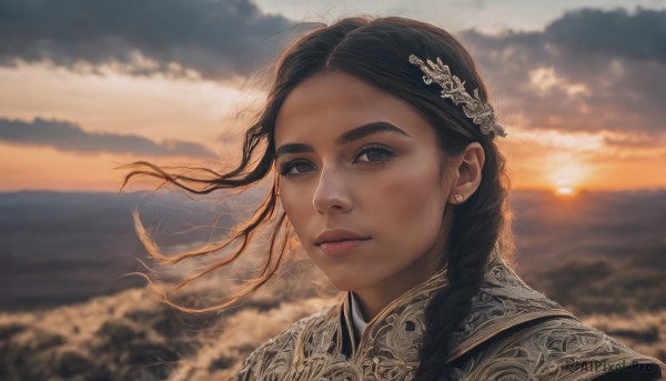 1girl,solo,long hair,looking at viewer,black hair,hair ornament,brown eyes,jewelry,closed mouth,upper body,braid,earrings,outdoors,sky,cloud,blurry,black eyes,lips,grey eyes,single braid,floating hair,depth of field,blurry background,ocean,sunlight,cloudy sky,wind,portrait,freckles,sunset,mountain,realistic,nose,mountainous horizon,brown hair,twin braids,chinese clothes