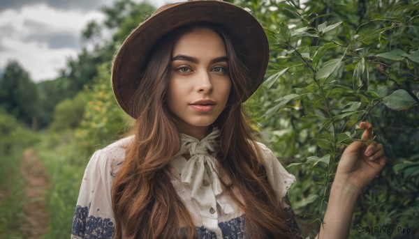 1girl,solo,long hair,looking at viewer,smile,brown hair,shirt,hat,dress,ribbon,holding,brown eyes,upper body,outdoors,parted lips,sky,day,cloud,hand up,blurry,tree,lips,blurry background,leaf,cloudy sky,plant,nature,freckles,realistic,nose,brown headwear,blue eyes,short sleeves,depth of field,sunlight,thick eyebrows,lace,forest