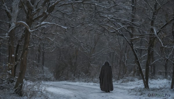 solo,1boy,standing,male focus,outdoors,hood,from behind,tree,nature,scenery,cloak,snow,1other,hood up,forest,snowing,wide shot,winter,hooded cloak,bare tree,black cloak,night,grass,ambiguous gender