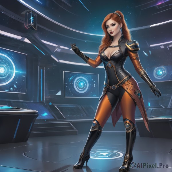 1girl,solo,long hair,breasts,looking at viewer,large breasts,brown hair,gloves,cleavage,brown eyes,jewelry,medium breasts,standing,full body,ponytail,earrings,boots,parted lips,black gloves,belt,pants,hand up,black footwear,orange hair,armor,high heels,lips,bodysuit,makeup,cleavage cutout,knee boots,shoulder armor,clenched hand,high heel boots,science fiction,space,holographic interface,hologram,red hair,artist name,indoors,wavy hair,lipstick,star (sky),buckle,realistic,red lips,leather