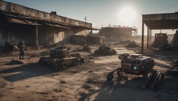 1boy,weapon,outdoors,multiple boys,sky,day,gun,military,military uniform,helmet,robot,ground vehicle,scenery,motor vehicle,science fiction,realistic,sun,military vehicle,car,ruins,tank,vehicle focus,power lines,machine gun,soldier,desert,dust,truck,tire,no humans,sunlight,building,rifle,sand,road