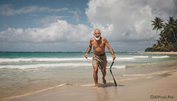 solo,smile,open mouth,1boy,navel,holding,standing,full body,male focus,outdoors,sky,barefoot,day,cloud,water,tree,blue sky,muscular,facial hair,ocean,beach,sunglasses,cloudy sky,muscular male,beard,walking,topless male,realistic,mustache,sand,palm tree,bald,old,old man,white hair,pectorals,scenery,cane