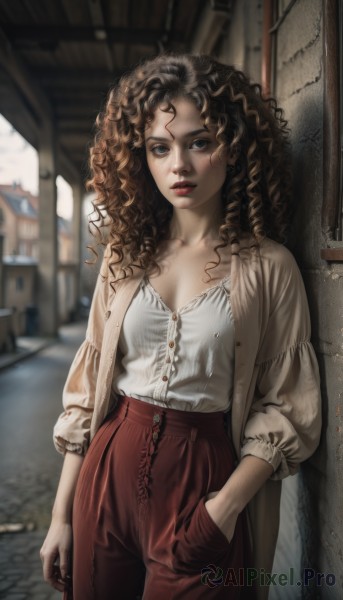 1girl,solo,long hair,breasts,looking at viewer,blue eyes,brown hair,shirt,long sleeves,cleavage,jewelry,closed mouth,standing,collarbone,jacket,white shirt,cowboy shot,earrings,small breasts,outdoors,open clothes,day,pants,blurry,lips,coat,makeup,buttons,blurry background,wavy hair,ring,blouse,messy hair,curly hair,hand in pocket,realistic,nose,red lips,frilled shirt,wall,red pants,high-waist pants,skirt,medium breasts,parted lips,watermark,web address,ringlets