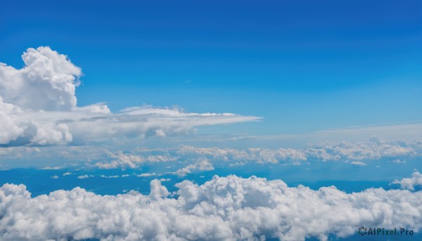 monochrome,outdoors,sky,day,cloud,water,blue sky,no humans,ocean,cloudy sky,scenery,blue theme,horizon,landscape,above clouds