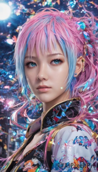 1girl,solo,long hair,looking at viewer,bangs,blue eyes,hair ornament,jewelry,closed mouth,blue hair,upper body,pink hair,multicolored hair,earrings,blurry,two-tone hair,aqua eyes,lips,streaked hair,eyelashes,blurry background,piercing,ear piercing,portrait,realistic,nose,stud earrings,jacket,from side,petals,tattoo,gradient hair,makeup,night,moon,freckles,fish print