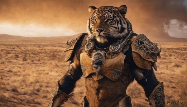 solo,1boy,jewelry,upper body,male focus,outdoors,armor,blurry,no humans,blurry background,animal,shoulder armor,gauntlets,furry,1other,pauldrons,furry male,sepia,tiger,brown theme,desert,looking at viewer,standing,sky,artist name,cloud,breastplate,vambraces,animal focus,chainmail