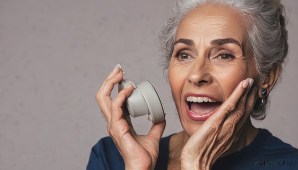 1girl,solo,looking at viewer,smile,open mouth,simple background,shirt,holding,brown eyes,jewelry,grey hair,earrings,teeth,grey background,cup,lips,phone,portrait,realistic,nose,old,old woman,talking on phone,wrinkled skin,upper body,white hair,hair bun,fingernails,single hair bun,hand on own face