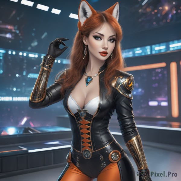 1girl,solo,long hair,breasts,looking at viewer,blue eyes,large breasts,brown hair,gloves,animal ears,cleavage,jewelry,medium breasts,standing,cowboy shot,earrings,parted lips,black gloves,pants,cat ears,hand up,necklace,orange hair,armor,blurry,lips,grey eyes,fox ears,bodysuit,makeup,night,blurry background,lipstick,gem,pendant,contrapposto,red lips,bangs,brown eyes,red hair,belt,artist name,wavy hair,fox girl,skin tight,eyeshadow,realistic