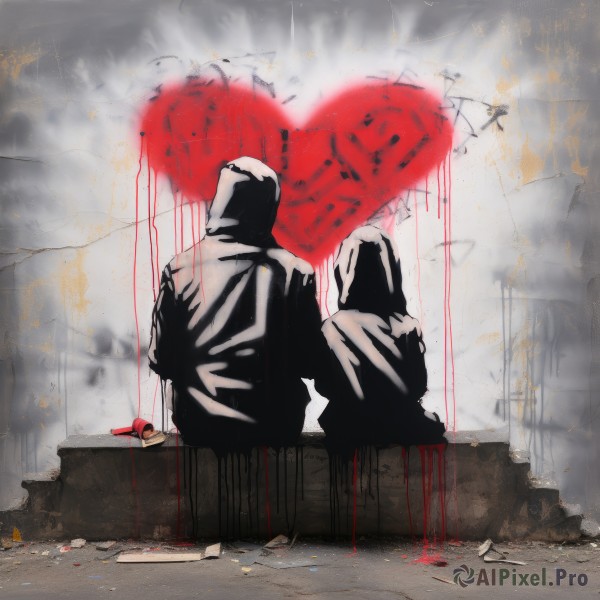 1boy,sitting,male focus,heart,outdoors,multiple boys,sky,cloud,hood,2boys,from behind,blood,cloak,hood up,graffiti,solo,shadow,robe,silhouette,wall,hooded cloak,crack,black cloak,cracked wall