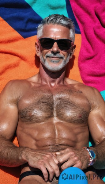 solo,looking at viewer,smile,short hair,1boy,navel,underwear,nipples,collarbone,white hair,grey hair,male focus,thighs,lying,shiny,on back,stomach,shiny hair,shiny skin,muscular,shadow,facial hair,from above,beach,abs,sunglasses,thick eyebrows,own hands together,pectorals,muscular male,male pubic hair,bara,beard,large pectorals,bulge,topless male,watch,mature male,realistic,mustache,sand,wristwatch,male underwear,old,chest hair,male swimwear,old man,navel hair,leg hair,arm hair,hairy,swim briefs,wrinkled skin,jewelry,upper body,multiple boys,teeth,solo focus,2boys,grin,pov,scar,yaoi,black male underwear,jockstrap