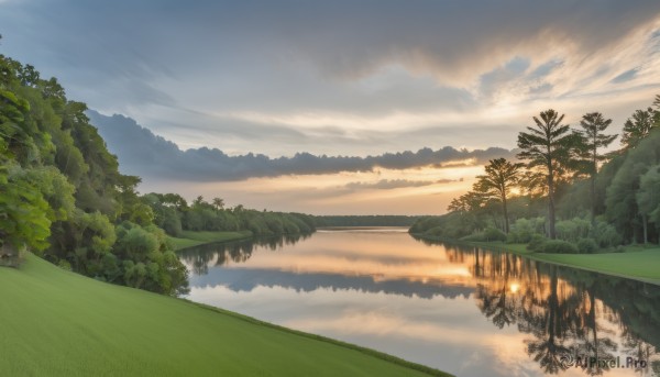 outdoors,sky,day,cloud,water,tree,no humans,cloudy sky,grass,nature,scenery,forest,reflection,sunset,mountain,river,landscape,lake,reflective water,blue sky,horizon,mountainous horizon