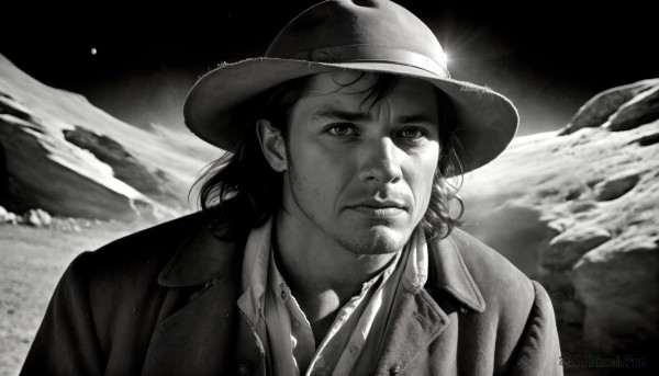 HQ,solo,looking at viewer,shirt,1boy,hat,closed mouth,jacket,monochrome,upper body,greyscale,male focus,outdoors,collared shirt,medium hair,facial hair,parody,beard,mountain,realistic,stubble,cowboy hat,open clothes,signature,space,manly,planet,earth (planet),cowboy western