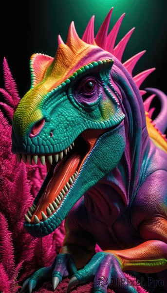 solo,open mouth,red eyes,tail,teeth,tongue,tongue out,no humans,colored skin,fangs,sharp teeth,claws,monster,realistic,scales,dinosaur,looking at viewer,horns,pink eyes,pokemon (creature)