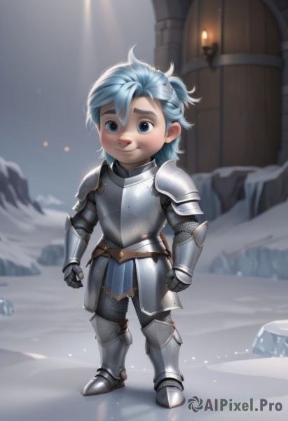 solo,looking at viewer,smile,blue eyes,1boy,closed mouth,blue hair,standing,full body,ponytail,male focus,boots,outdoors,artist name,armor,blurry,blurry background,shoulder armor,gauntlets,child,snow,pauldrons,breastplate,armored boots,candle,male child,greaves,full armor,barrel,chainmail,plate armor,aged down,rock