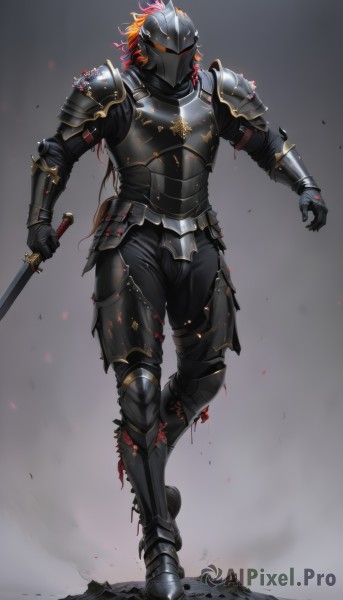 solo,blonde hair,1boy,holding,standing,full body,weapon,male focus,red hair,multicolored hair,boots,sword,grey background,holding weapon,orange hair,armor,holding sword,helmet,shoulder armor,gauntlets,sheath,facing viewer,1other,walking,pauldrons,breastplate,vambraces,greaves,faulds,knight,full armor,ambiguous gender,black armor,helm,chainmail,plate armor,blood,armored boots