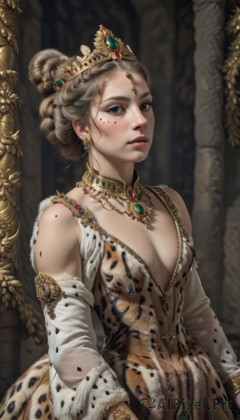 1girl,solo,breasts,looking at viewer,blue eyes,blonde hair,hair ornament,long sleeves,dress,cleavage,bare shoulders,jewelry,upper body,earrings,small breasts,parted lips,detached sleeves,necklace,hair bun,white dress,mole,blurry,bracelet,lips,mole under eye,makeup,blurry background,single hair bun,tiara,crown,gem,freckles,gold trim,realistic,nose,leopard print,updo,blush,short hair,medium breasts,braid,no bra,gold